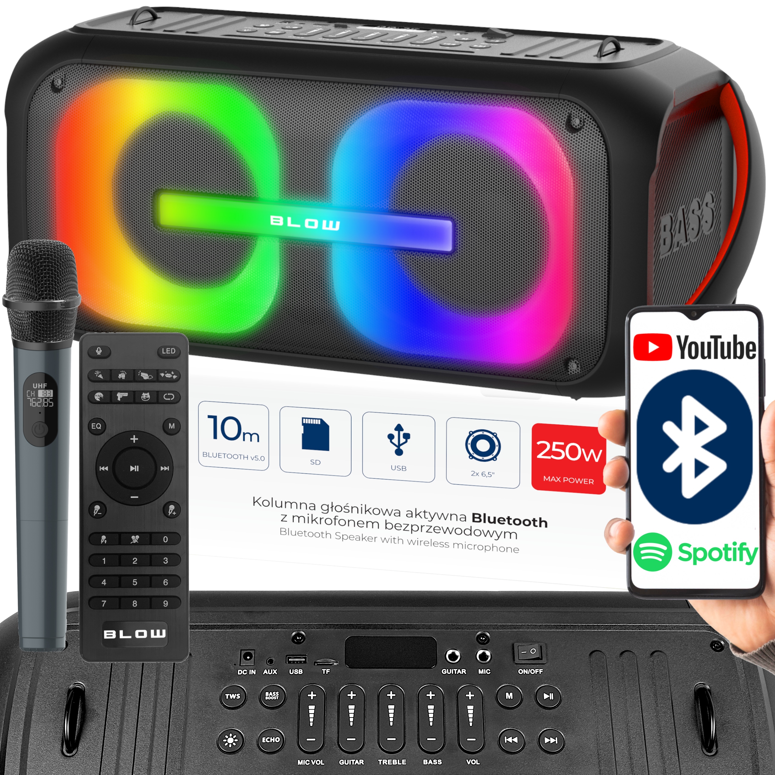 Mocny Głośnik Bluetooth Przenośny Mobilny Mikrofon Pilot Usb Sd Karaoke