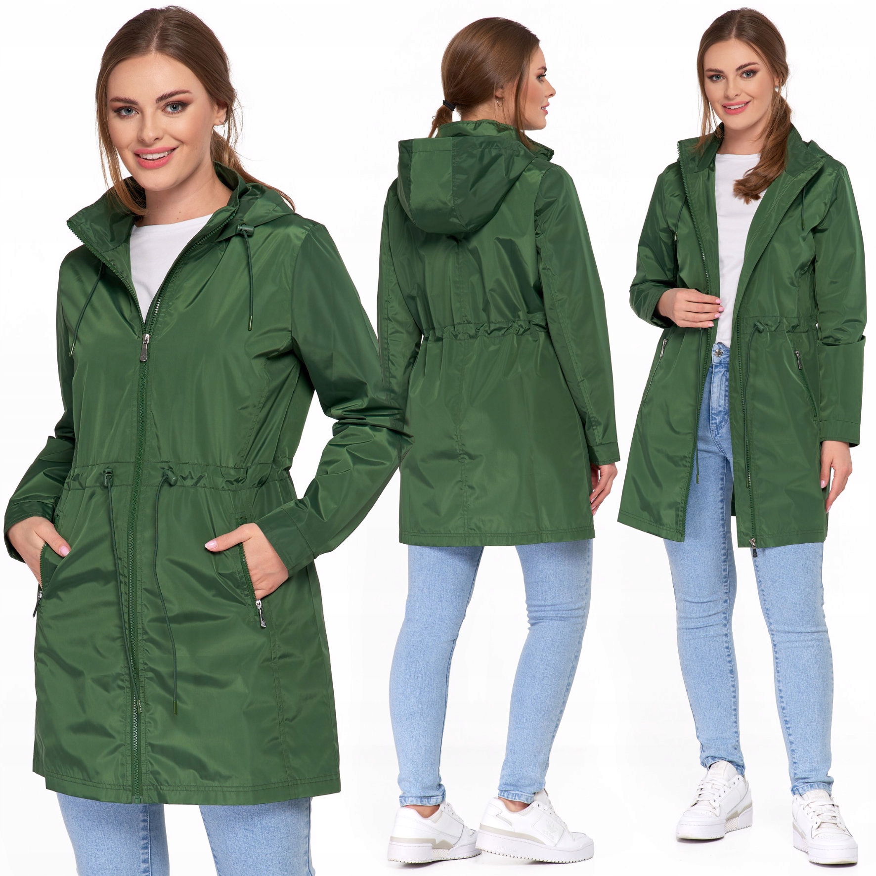 Kurtka Parka Damska Przejściowa Cienka Z Kapturem Moraj Gładka Zielona S