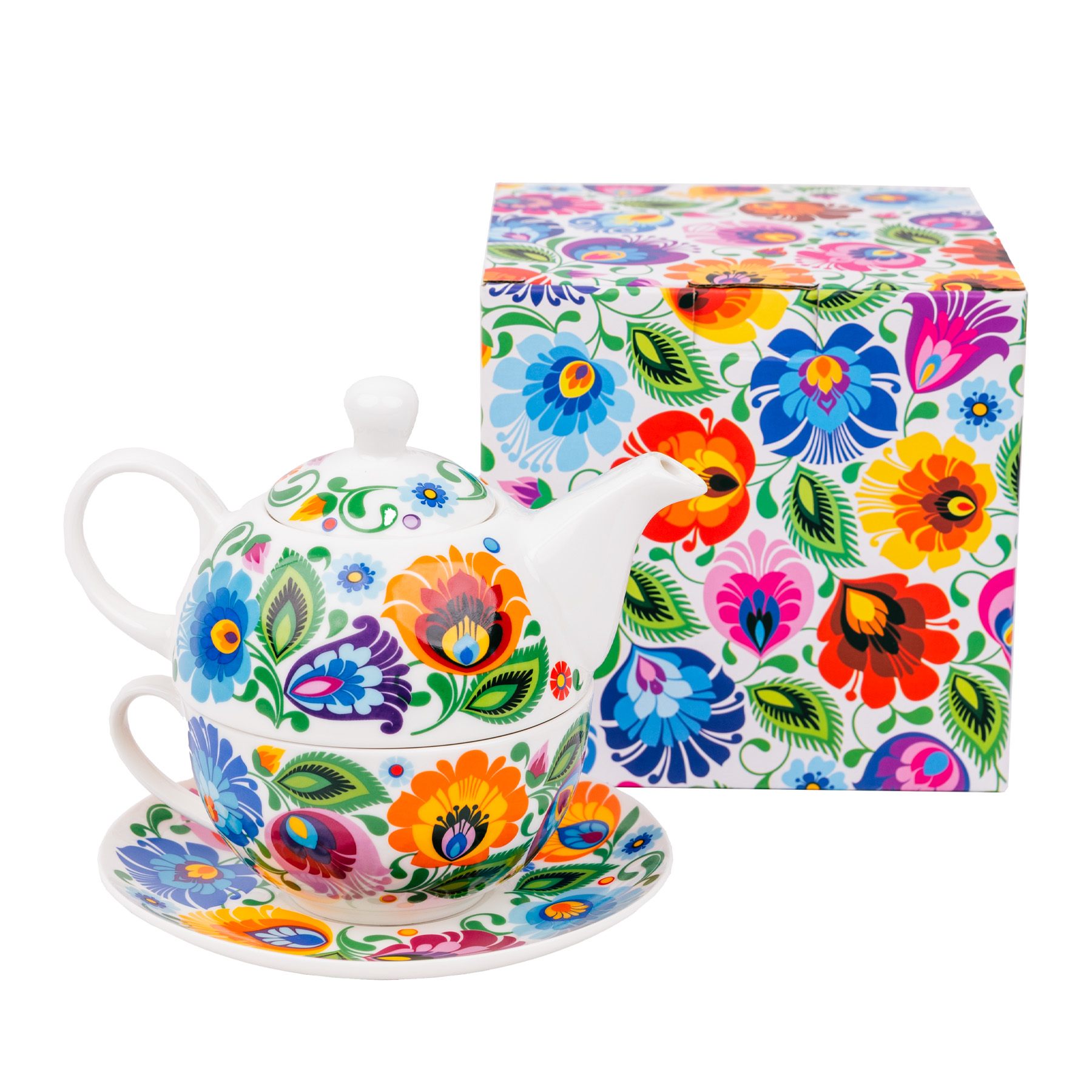 Šálek Halinka s konvičkou – na kávu a čaj, lidový bílý motiv