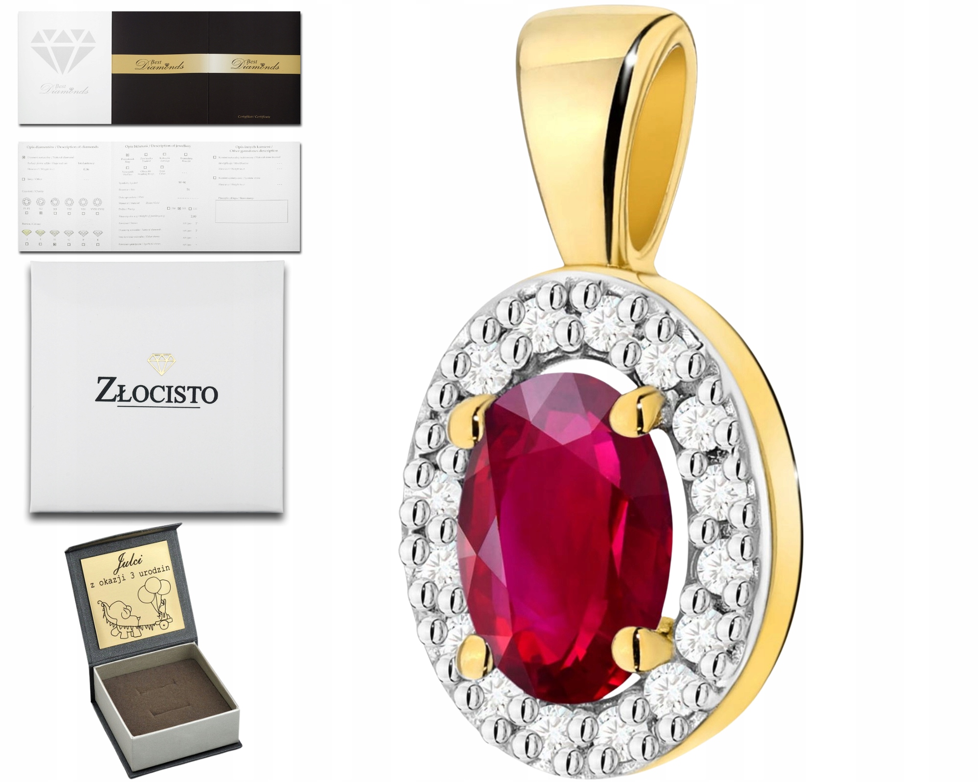 Elegantní Přívěsek S Přírodním Kámenem, Červeným Rubín A Diamanty, Zlato 585