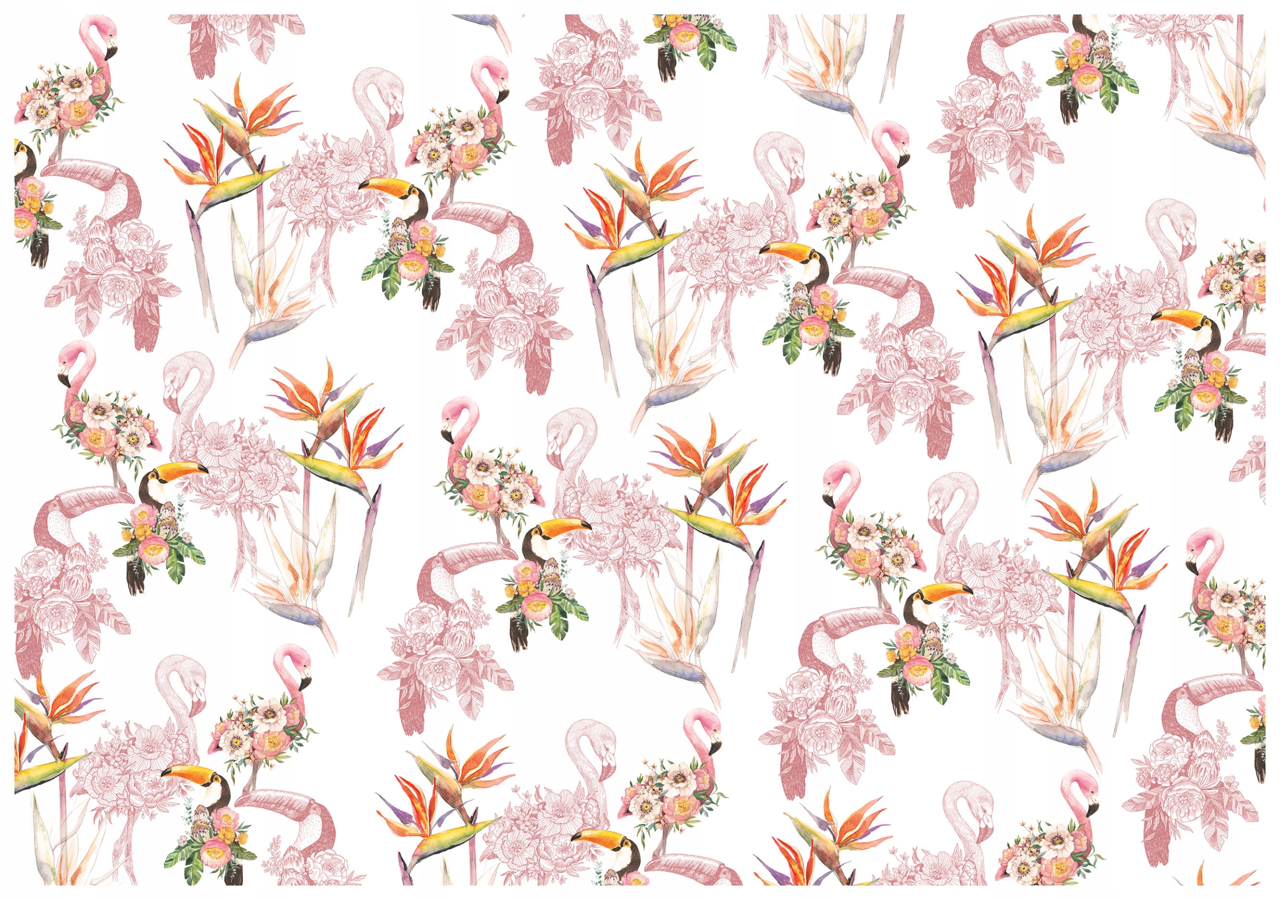 Vliesová fototapeta Flamingi Tukany Kvety akvarely 300x210 lepidlo