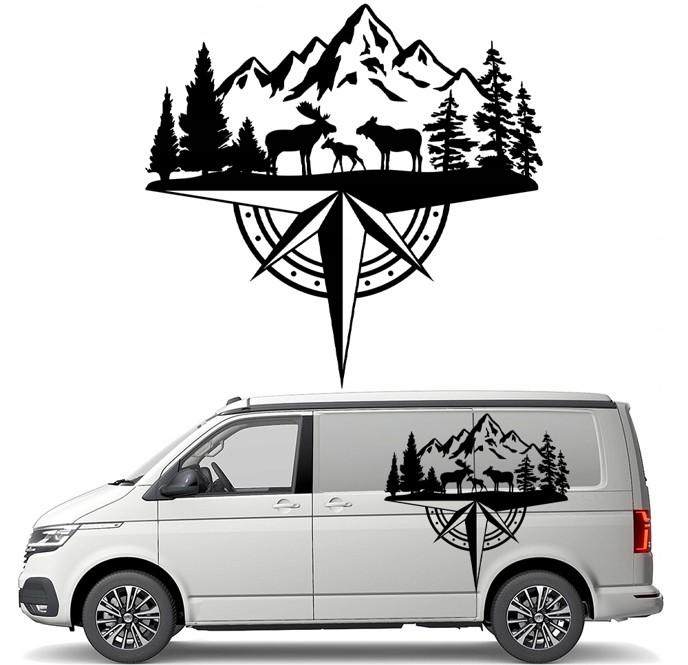 Samolepka Grafika na karavan přívěs Růže Větrů Kompas Hory Losí 94x91