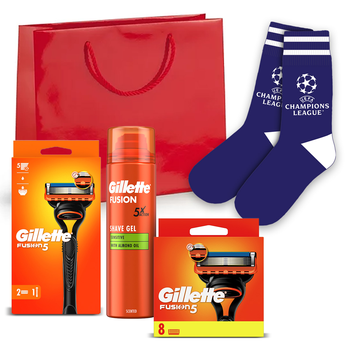 Zestaw Gillette Fusion5 Maszynka, 10 Wkładów Żel do golenia Ucl