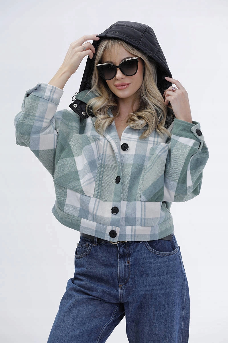 Krátká Kostkovaná Bunda AG3-1839 Zelená, Velikost (40)