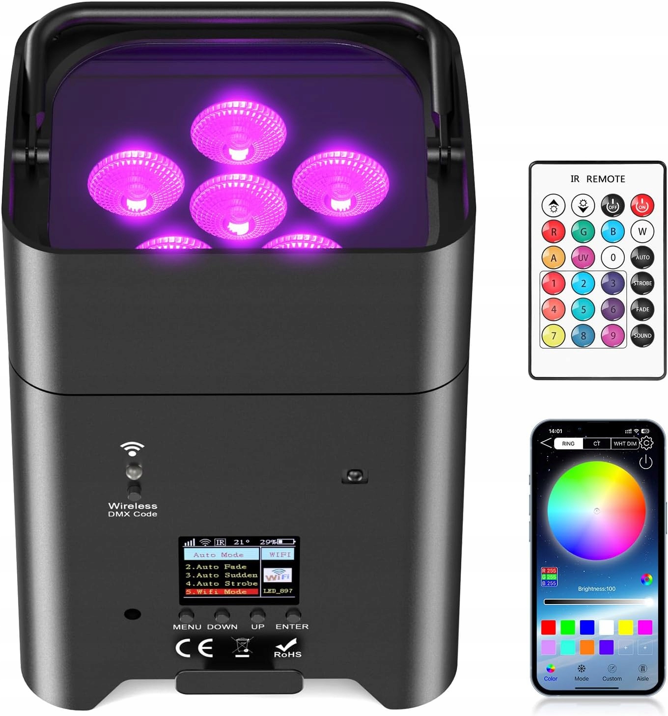 PUZILOZA 108 W Reflektor LED PAR RGBWA+UV z akumulatorem i DMX