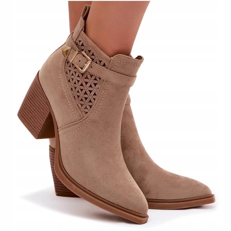 Dámské Kotníkové Boty Ažurový Vzor Podpatek Sloupek Pásek Zlatá Spona Zip Béžová 39