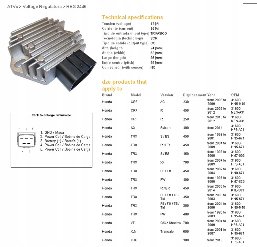 Regulátor Napätia Dze Honda XL650V 01-07, TRX350/400/450/700 (ESR583) (316