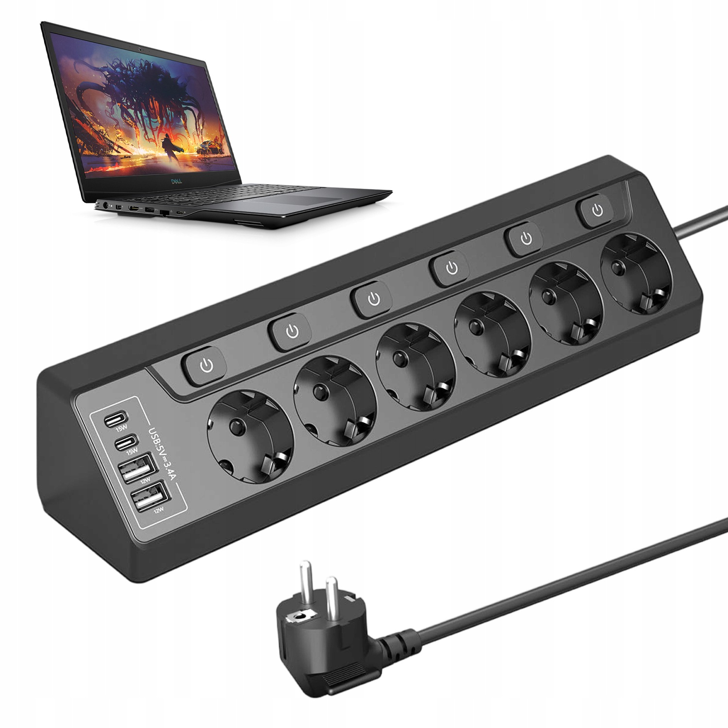 Zásuvková Lišta Rohová 230V, 2X Usb-c, 2X Usb-a 2M Prodlužovací Kabel 6 Zásuvek