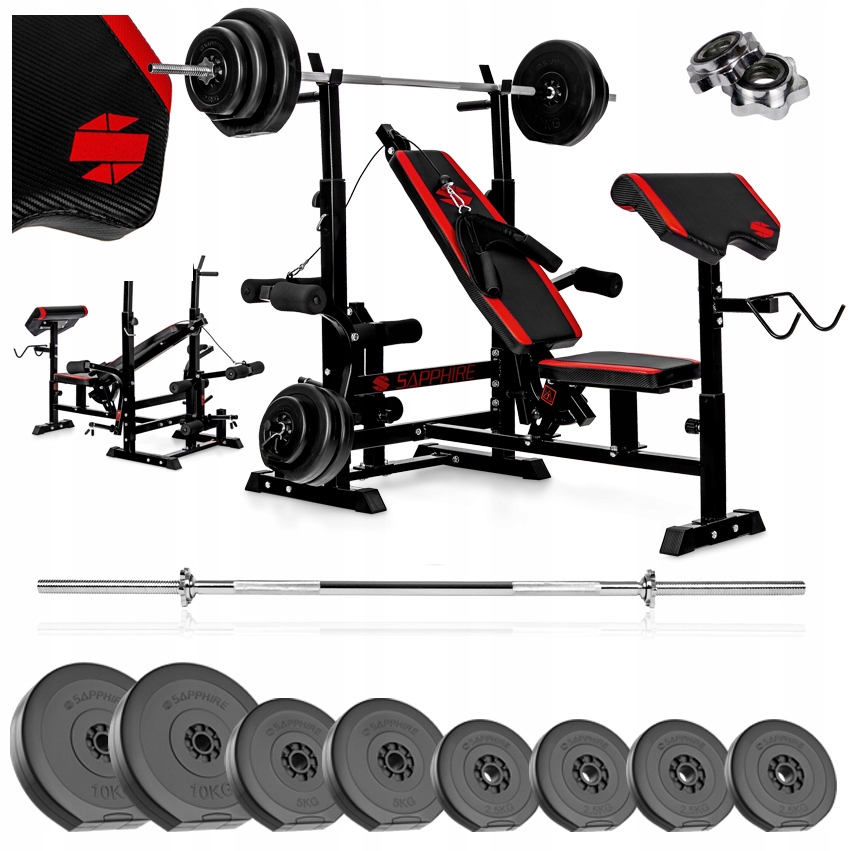 Siłownia zestaw Kulturystyczny Sapphire 85kg Ławka gryf Obciążenia sztanga