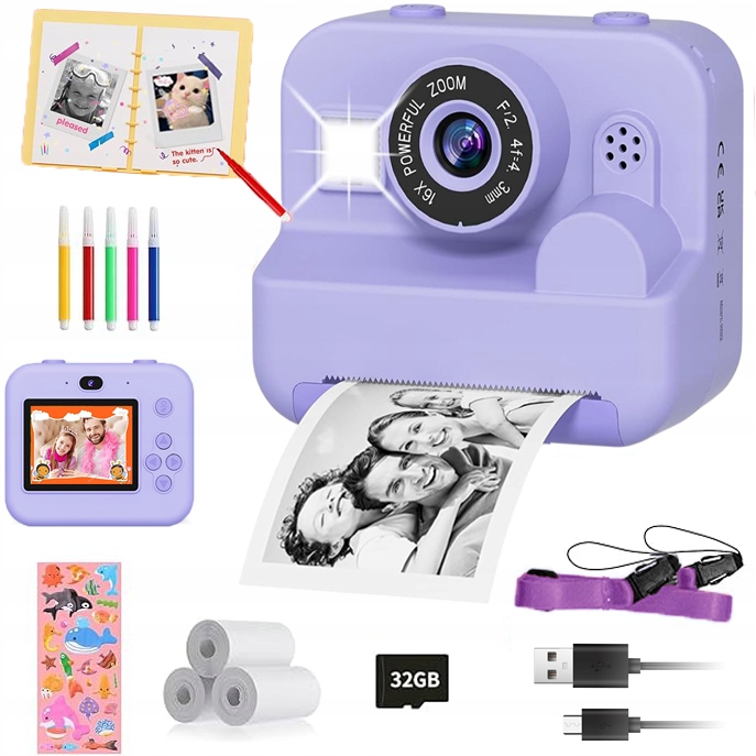 Dětský Fotoaparát S Okamžitým Tiskem, Dvojitá Kamera, Foto 1080P Video, Nejlepší Dárek (fialový)