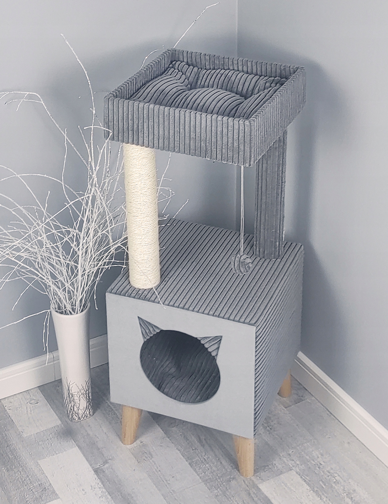 Levně Škrabadlo Velké XL Pro Kočky Skandinávské Pelíšek Domeček Sisal Grafitový Velur