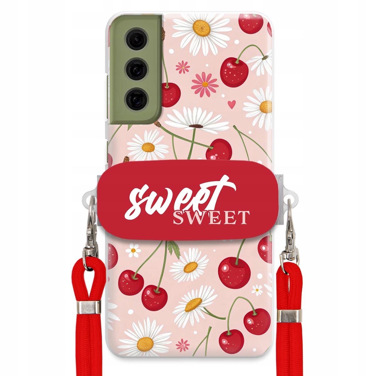 Puzdro pre Samsung S21 Fe Červené vodítko Crossbody držiak Sweet Kvet čerešne