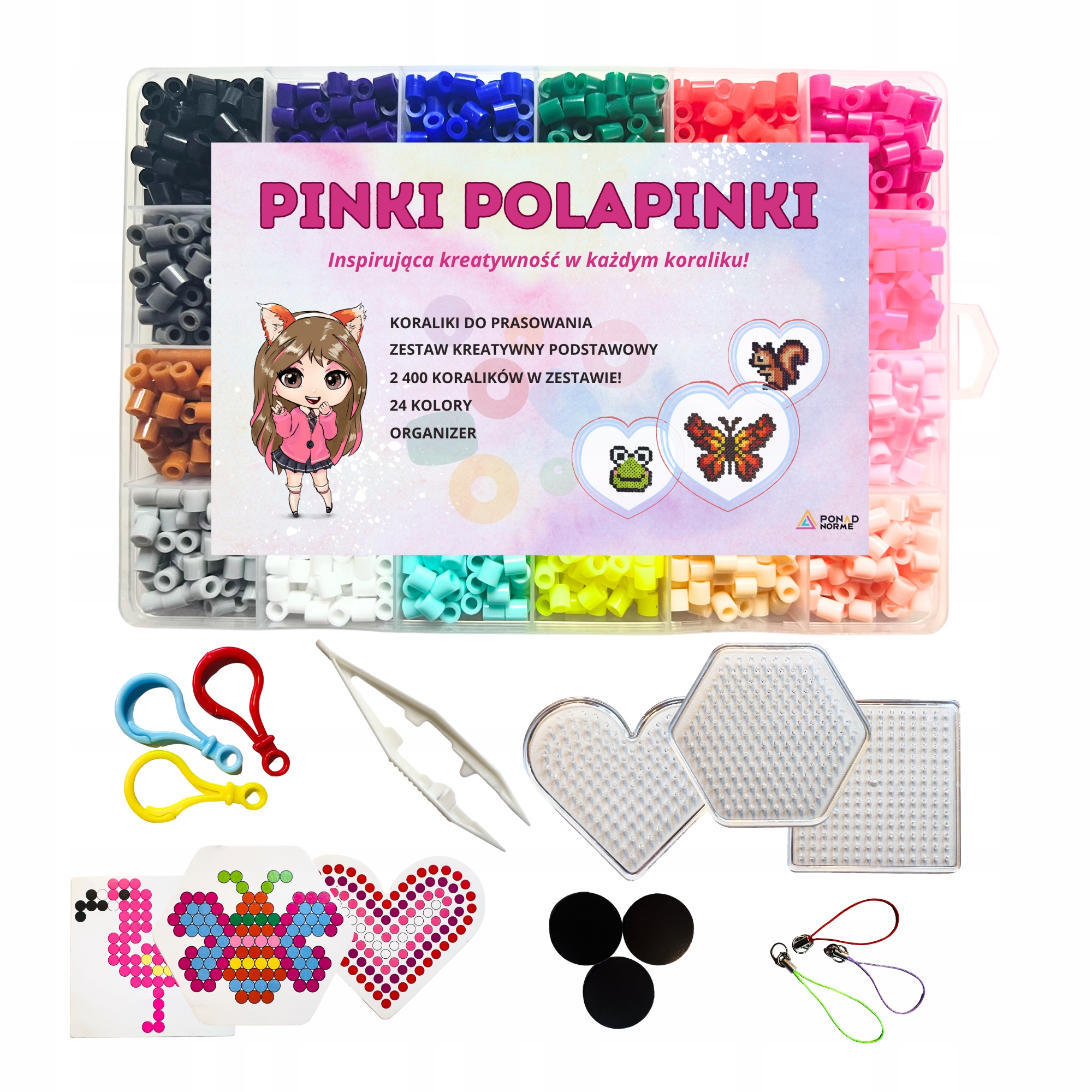 Koraliki do prasowania 2400 szt. + PŁYTKI +PĘSETA +MAGNESY PINKI POLAPINKI