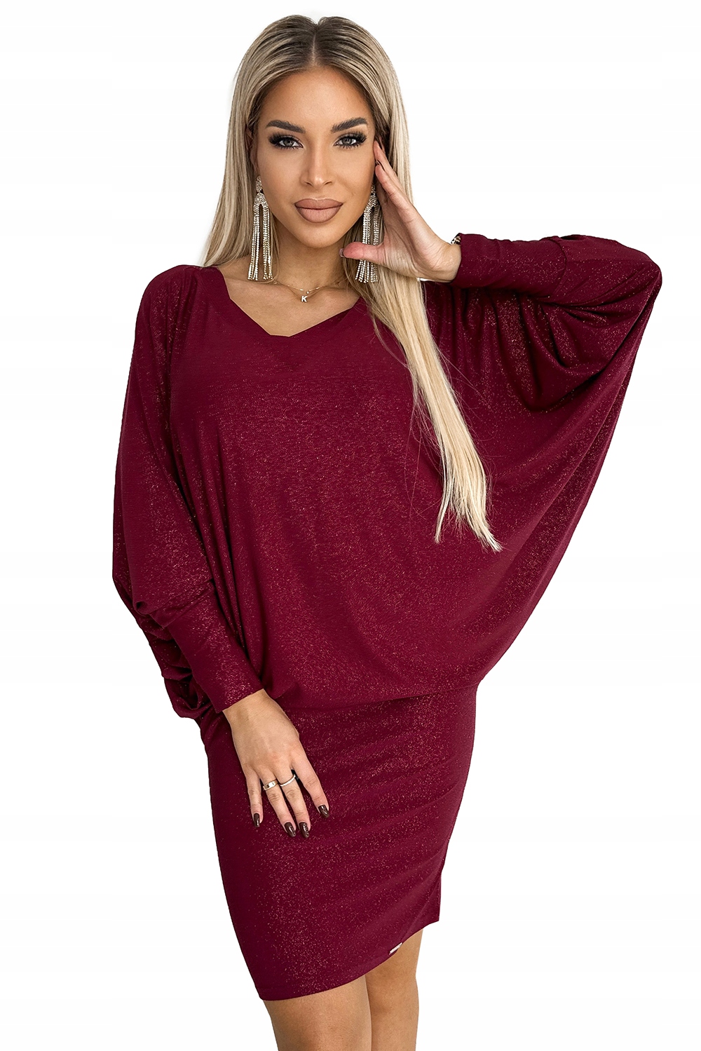 Bordó Šaty Netopýr s výstřihem a brokátem