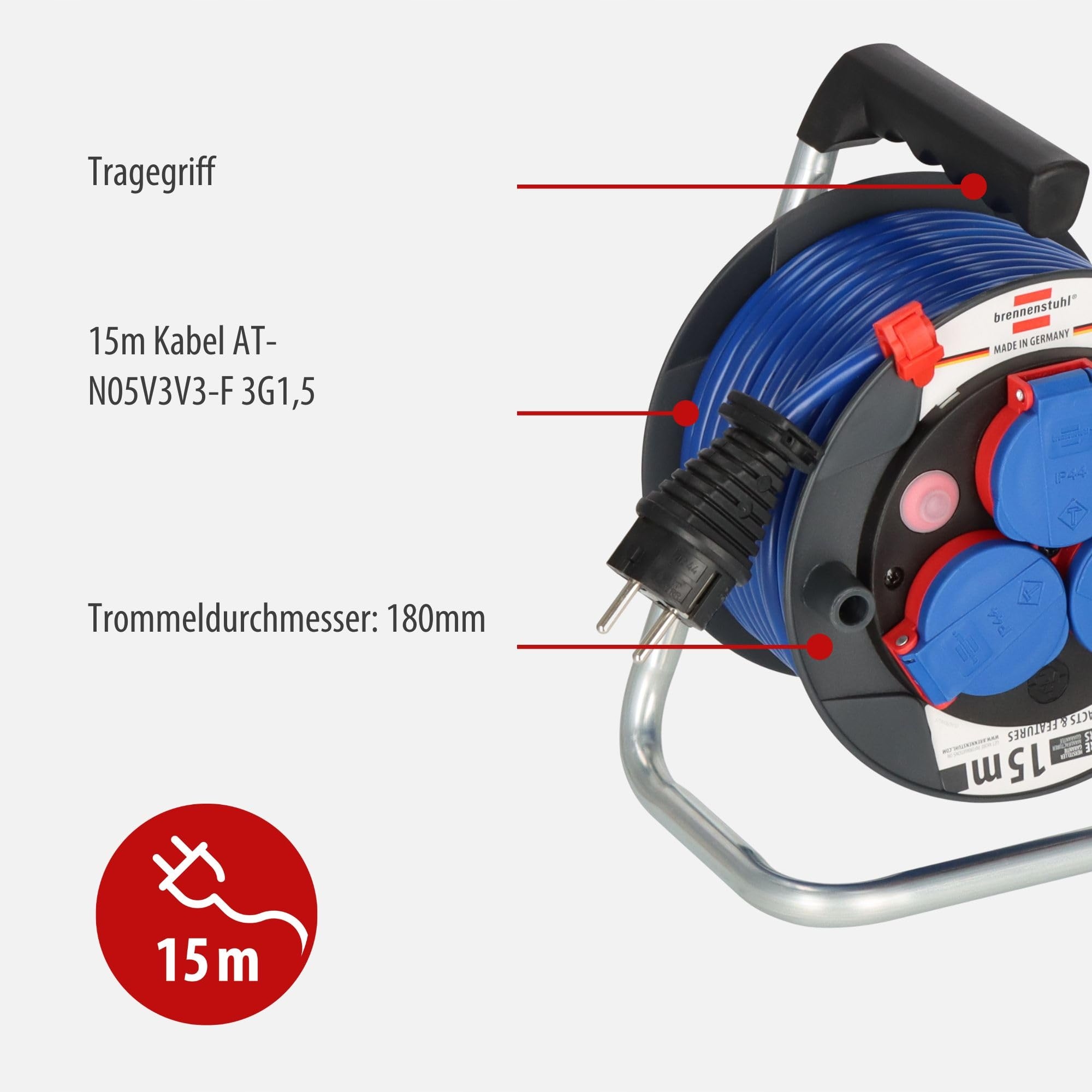 BRENNENSTUHL Kabeltrommel 15m Do Użytku Zewnętrznego IP44 Niebieska — miniatura 3