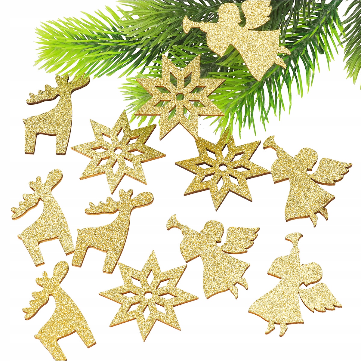 ZŁOTE ANIOŁEK GWIAZDKI BROKATOWE ŚNIEŻYNKI NA STROIK CHOINKĘ DUŻY ZESTAW Marka Dekorstar