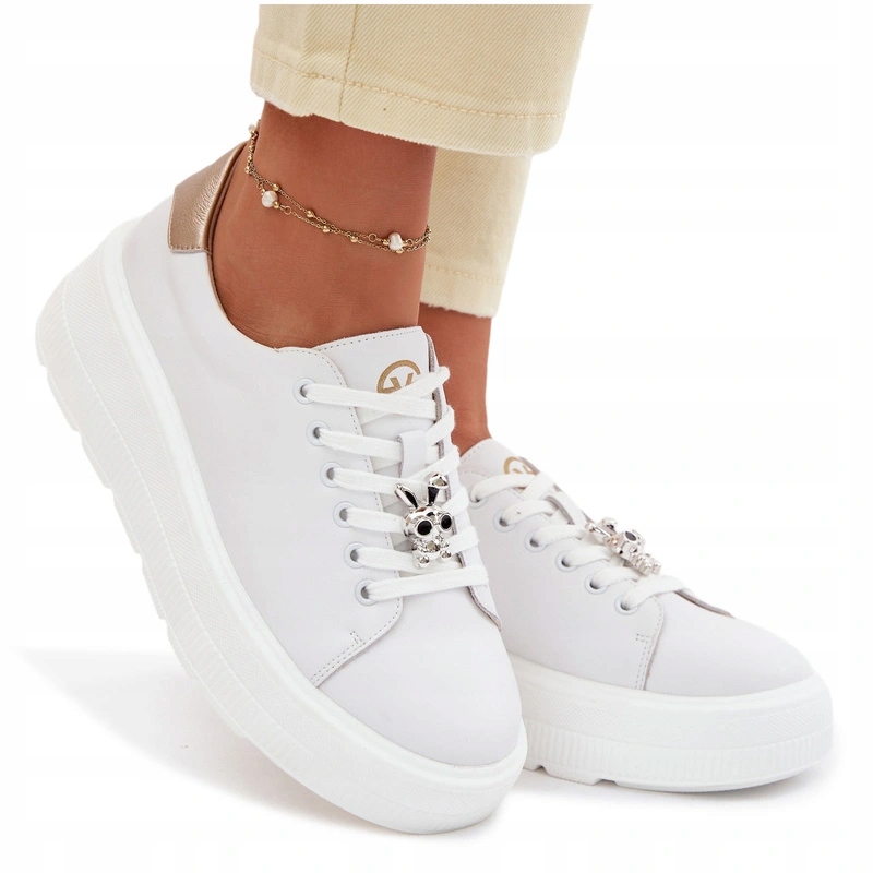 Sneakersy Damskie Skóra Platforma Przypinka Vinceza 39973 Białe 36