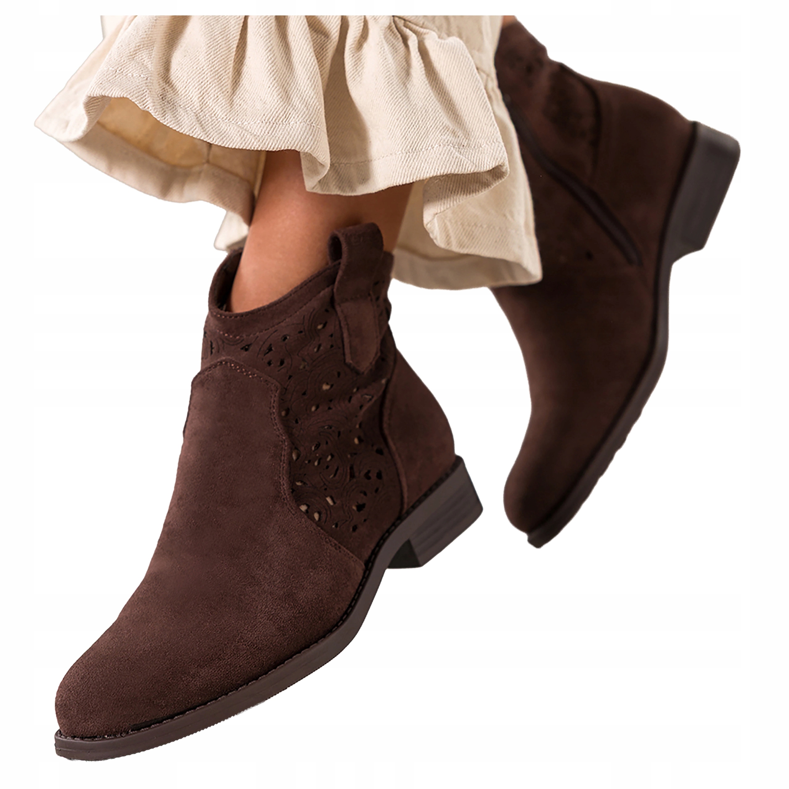 Čokoládové dámské kotníkové boty Ažurové Svršek Semišové Pohodlné Ploché vel. 37