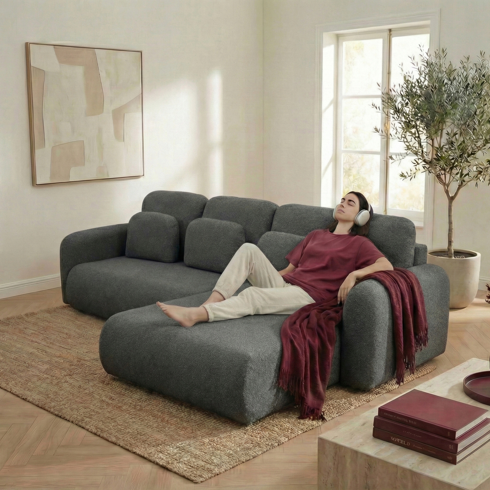 Rohová Sedací Souprava s funkcí spaní Rohová pohovka Rohová Sedačka Kontejner Nest Tmavě šedá