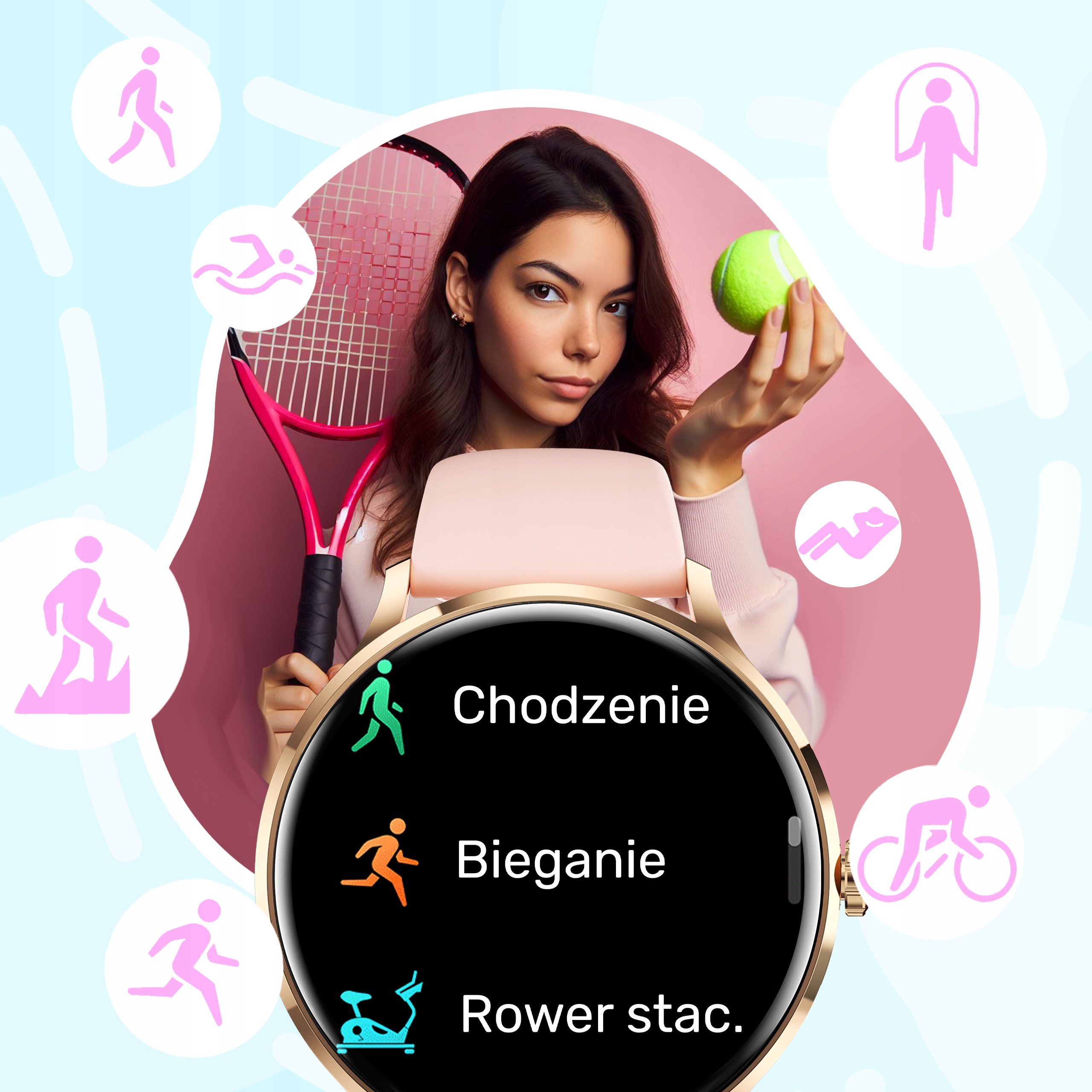 SMARTWATCH ZEGAREK DAMSKI MENU POLSKIE SPORT PULS ROZMOWY SMART WATCH PL Odcień różowe złoto