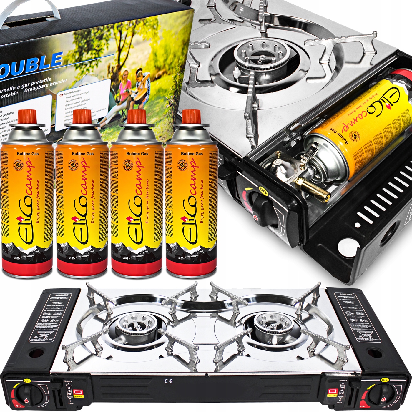 Plynový Dvoupalníkový Turistický Vařič na Kartuše a Lahve 4 Kartuše