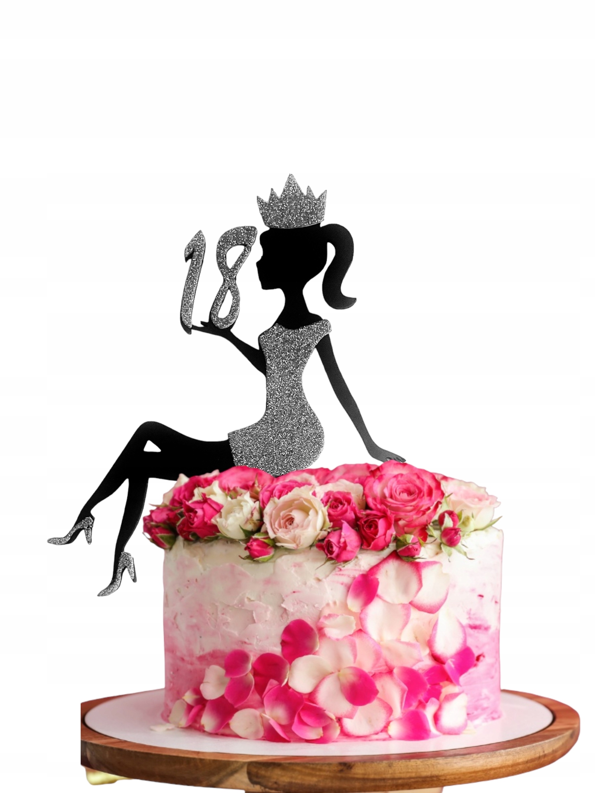 Topper czarny KOBIETA NA TORT 18 URODZINY srebrny brokat