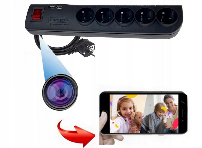 MINI KAMERA W LISTWA PRZEDŁUŻACZ 5GNIAZD 2XUSB WIFI KARTA MICRO SD