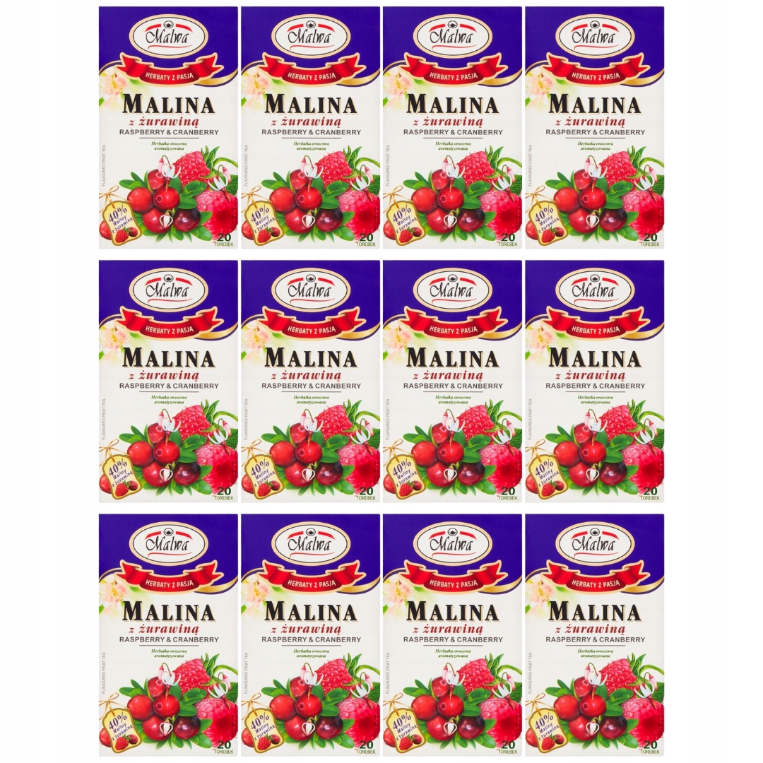Levně Malwa Ovocný čaj malina s brusinkami 40 g (20 x 2 g) x 12 kusů