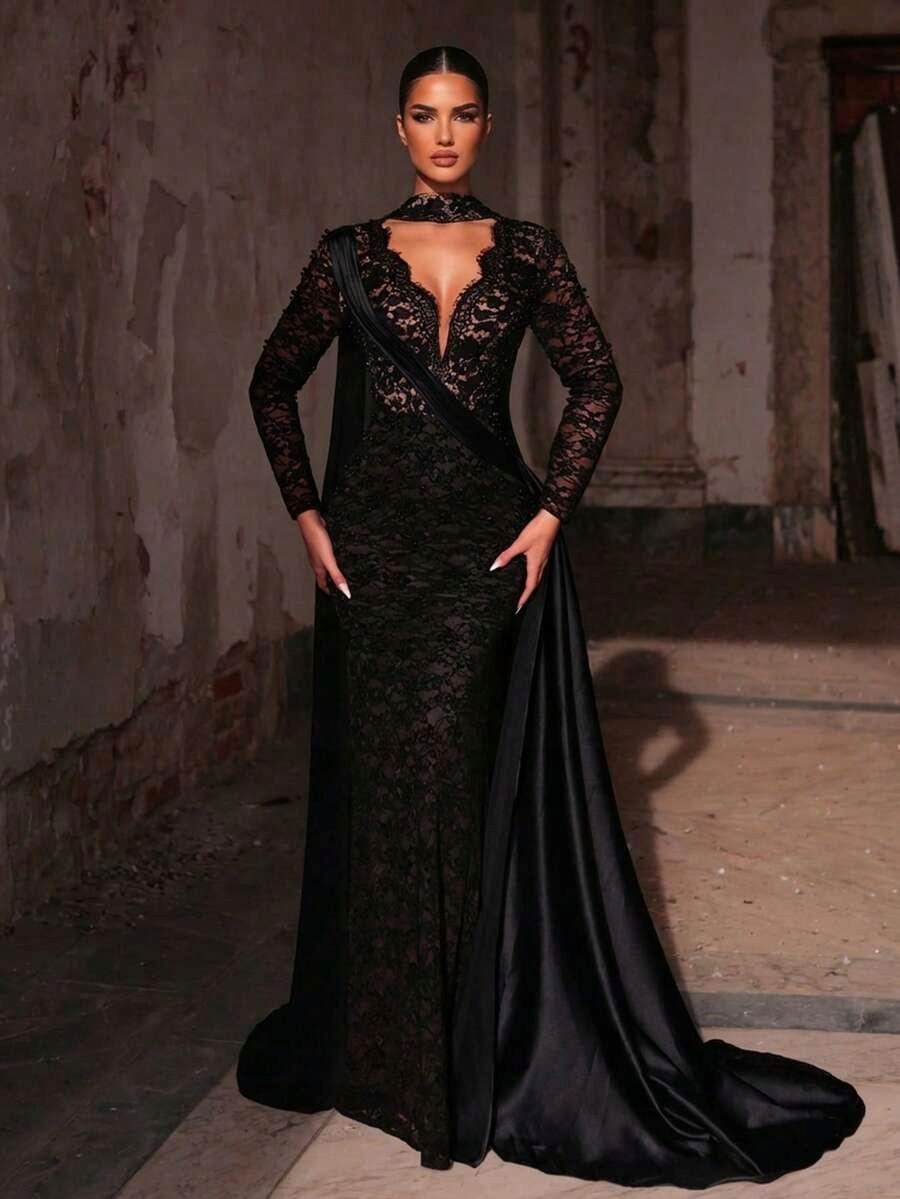Aureia černá maxi šaty s zdobením S06 amr L