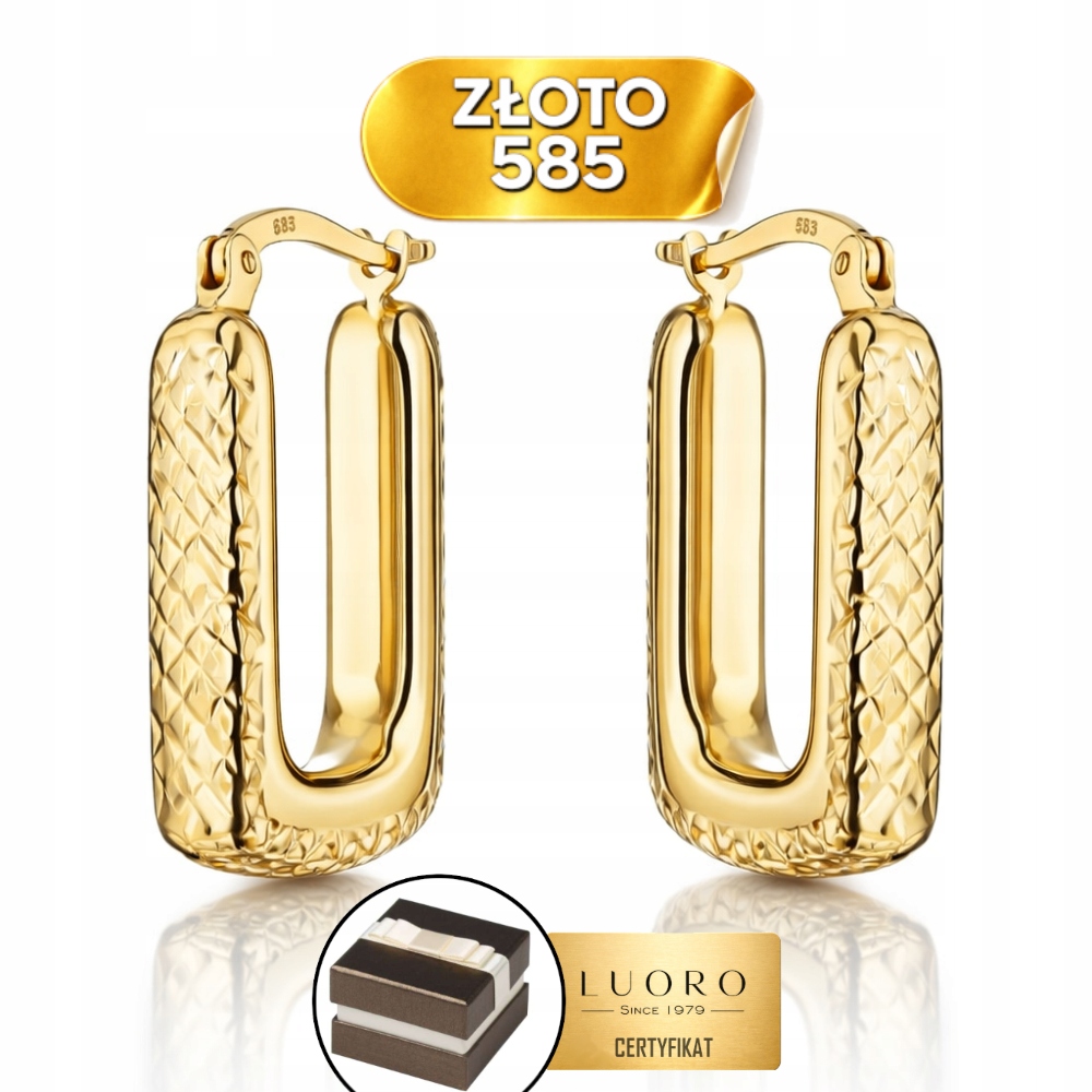 Náušnice Zlaté 585 14K Obdélníkové Diamantové Velké 33,5 MM Anglické