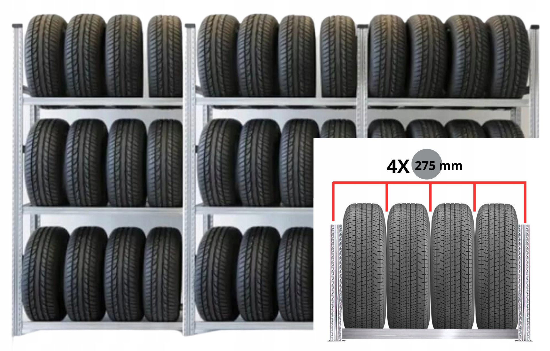 STOJAK NA OPONY REGAŁ NA KOŁA 36 SZT MAX DO 275 mm STALOWY PROFESJONALNY