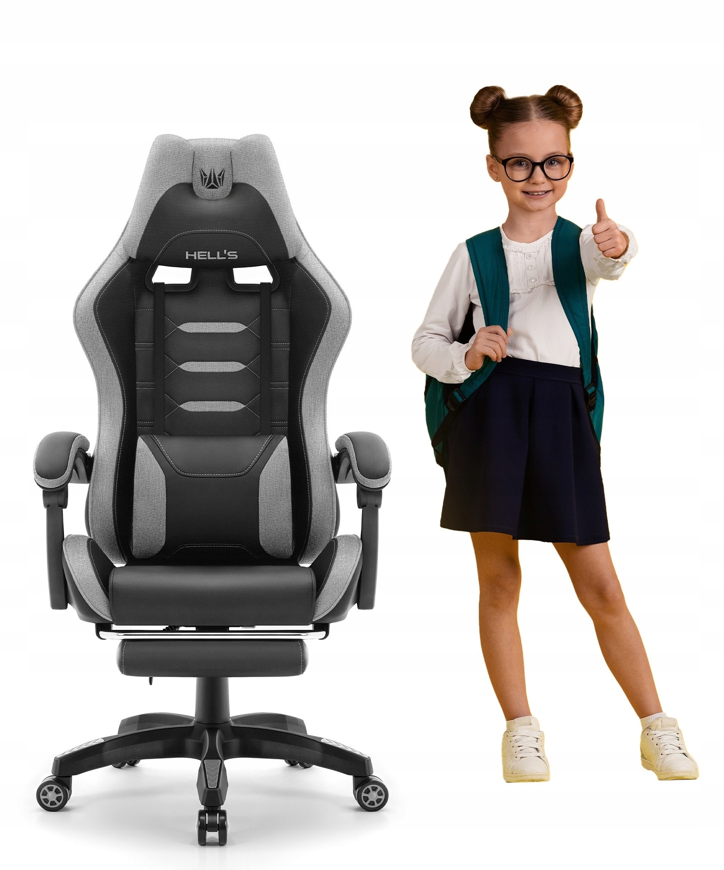 Fotel Gamingowy Dla dzieci Hells Chair HC-1039 2.0 Black-Grey z podnóżkiem