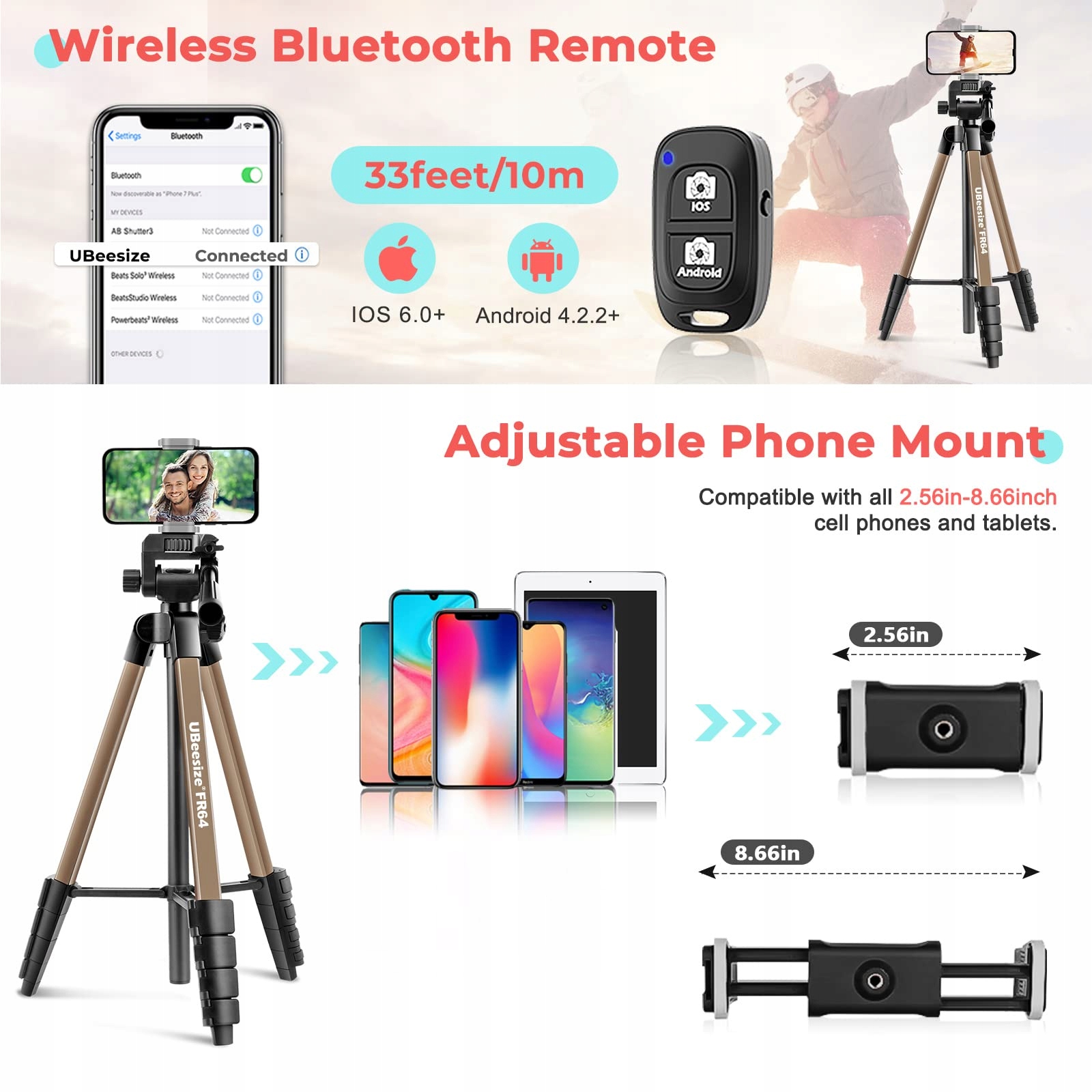 UBEESIZE Statyw Kamera 163cm Aluminiowy Z Pilotem i Uchwyt Telefonu — miniatura 3