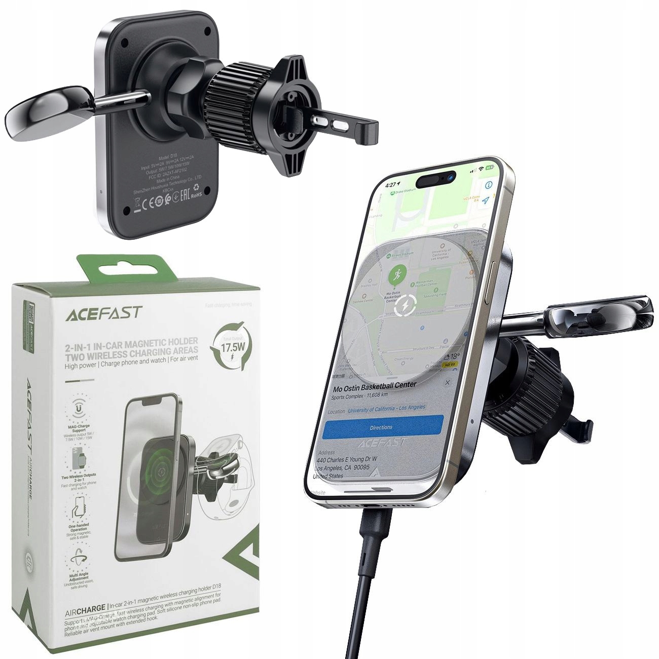 Nabíjecí držák s MagSafe 15W a Apple Watch, do mřížky, držáku, do auta 2v1