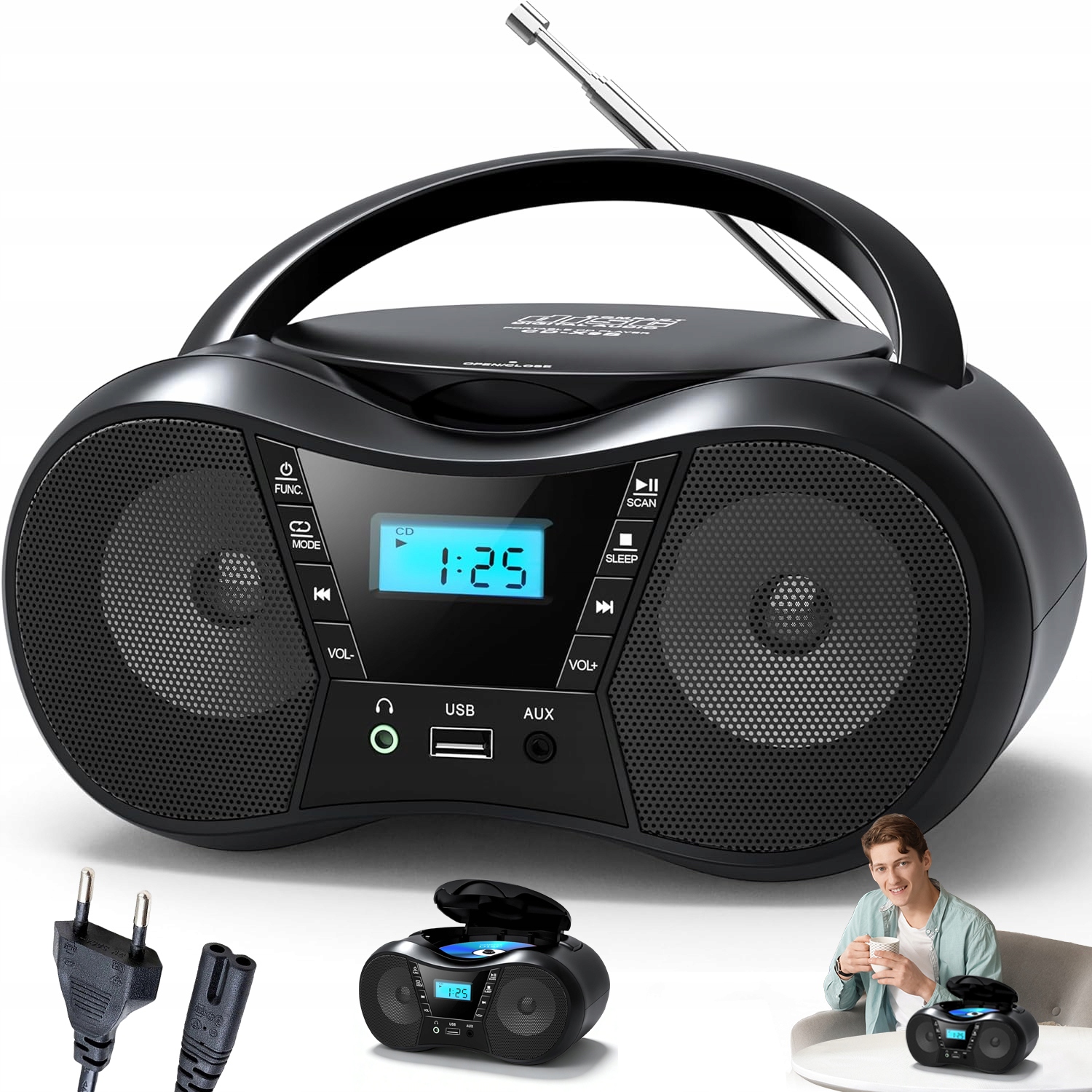 Přenosný Přehrávač CD Bluetooth 5.1 Fm Usb Aux LCD Stereo Rádio