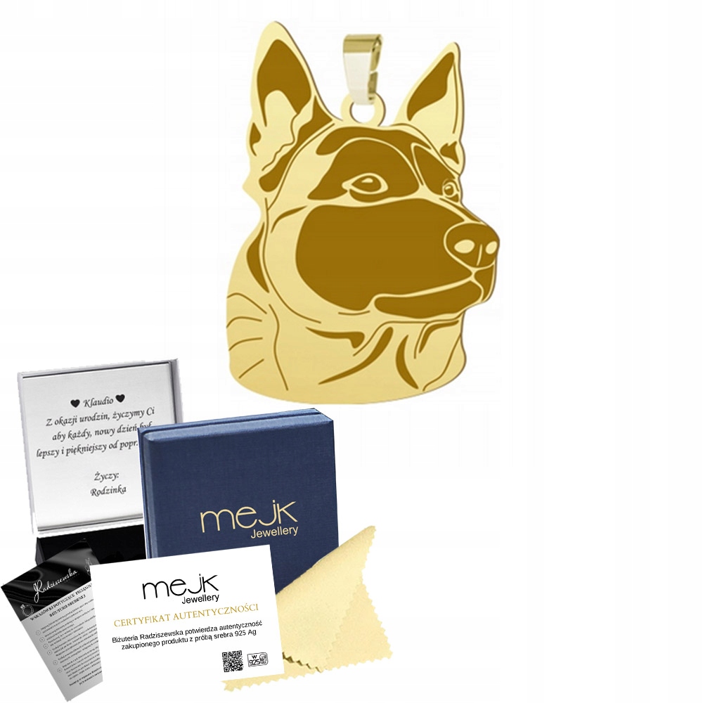 Zlatý přívěsek se psem Malinois 925 Dárek Žena Šperky Gravírování Bonus