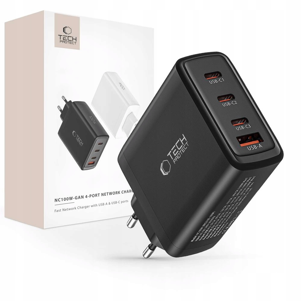 Nabíječka Tech-Protect NC100W-GAN GaN 3x Usb-c Pd 100W Usb-a Qc 3.0 černá