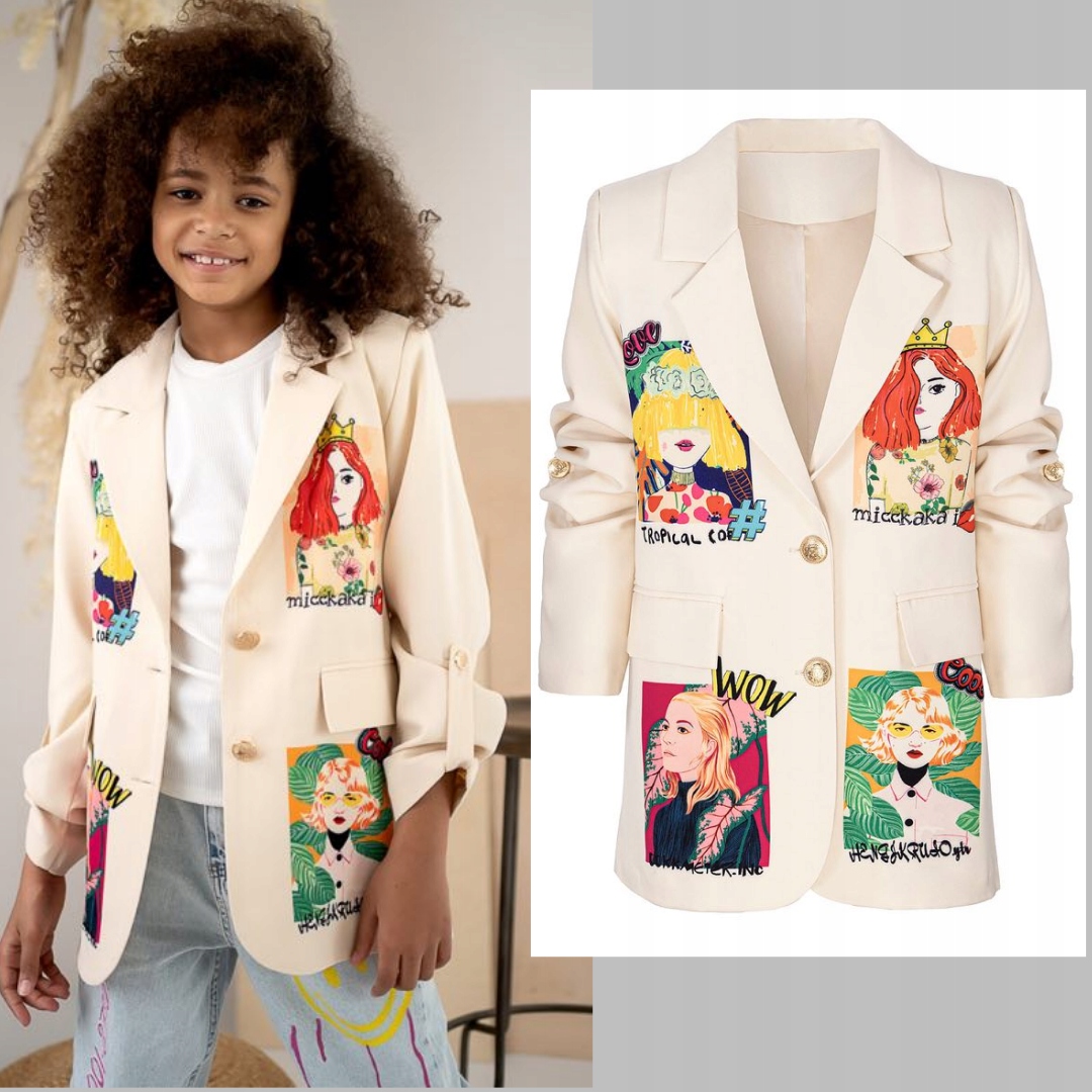 Marynarka żakiet dla dziewczynki beż kremowy oversize luźny w aplikacje 158 Marka Inna marka