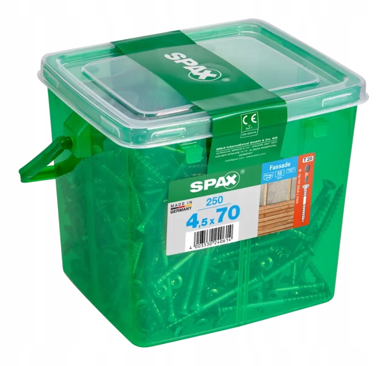 Šrouby Spax pro fasádní desku 4,5x70 mm, A2,TX stříbrné, kbelík 250 ks