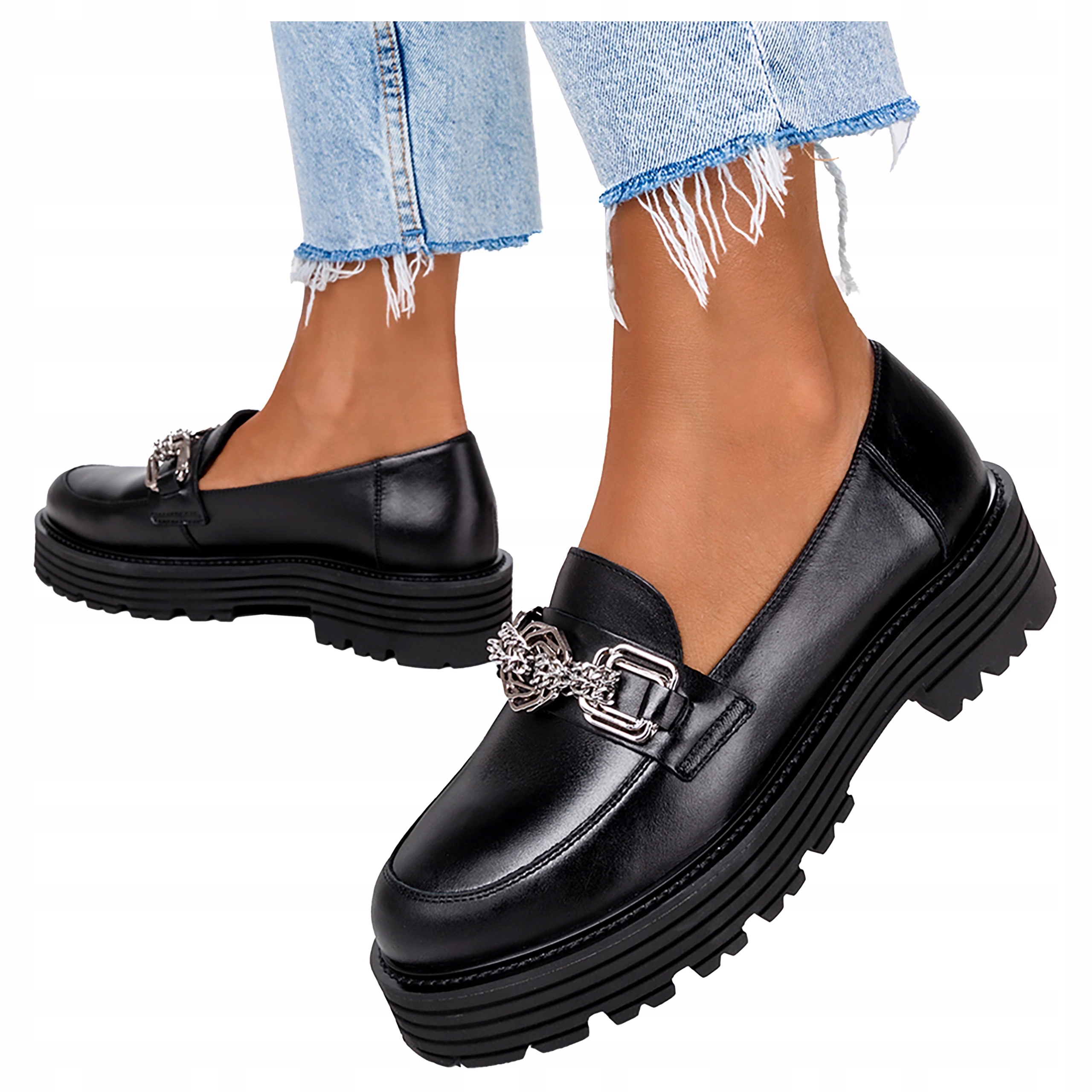 Dámské Mokasíny Černé Kožené Běžící platforma Elegantní vel. 40