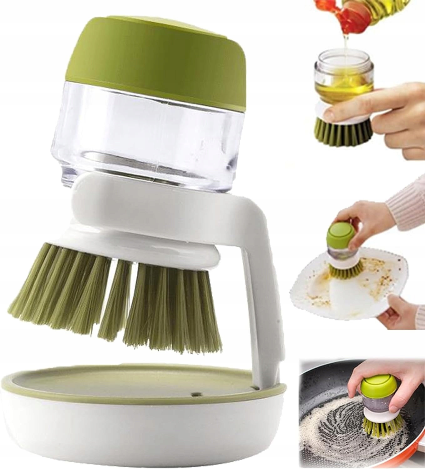 Levně Kuchyňský Kartáč S Dávkovačem Tekutého Mycího Prostředku S Skladovací Základnou, Zelený