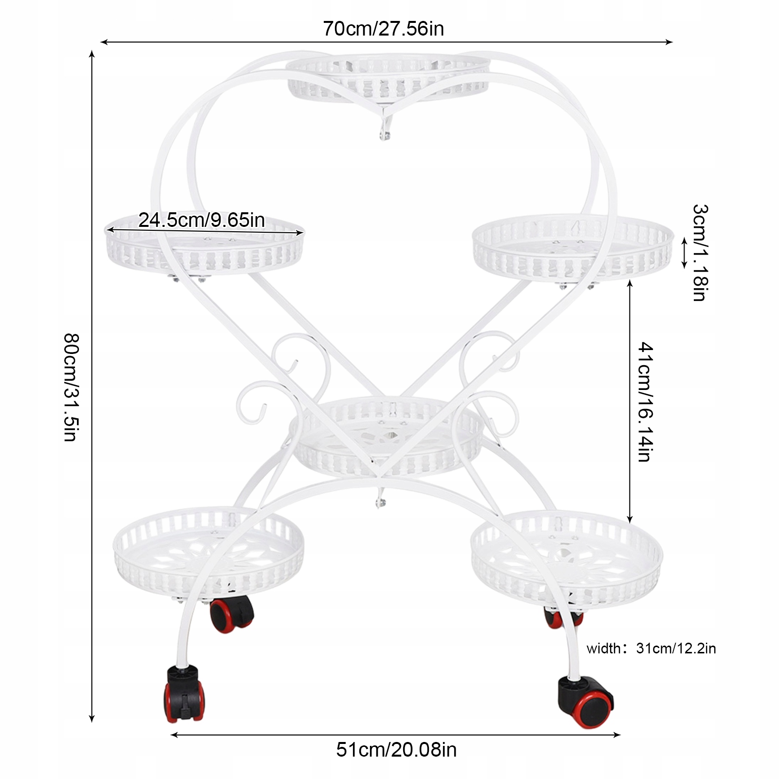 6 Tacy Metalowy Stojak Na Rośliny w Kształcie Serca z Kółkami Biały Waga produktu z opakowaniem jednostkowym 3.5 kg