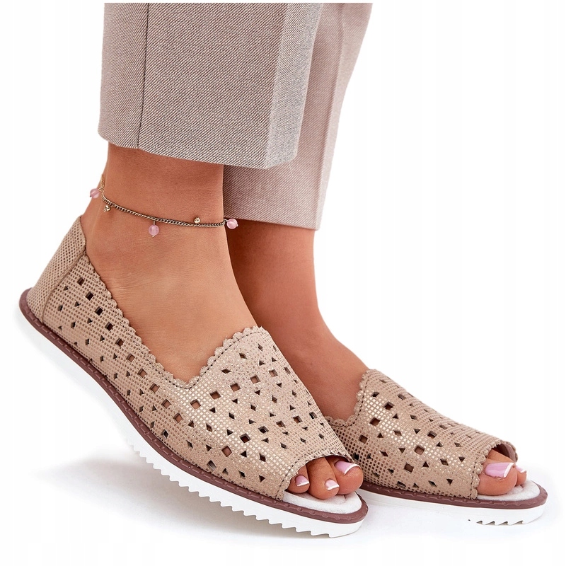 Ažurové Baleríny Z Přírodní Kůže Odkryté Prsty S.barski LR51-922 Zlaté 38