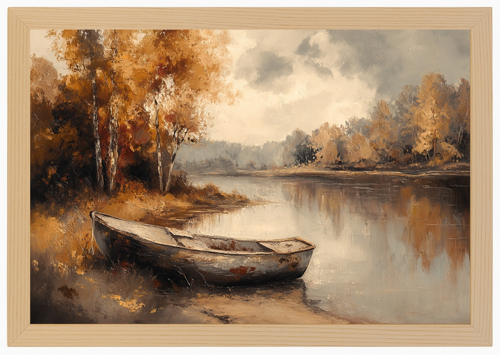 Plakát Rámeček Dřevo Podzimní Krajina Loďka Řeka Zlatá Podzim 60x40
