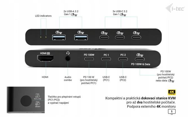 i-tec Kvm Docking Station Hdmi for 2 hosts, Power Delivery 2x 100W…