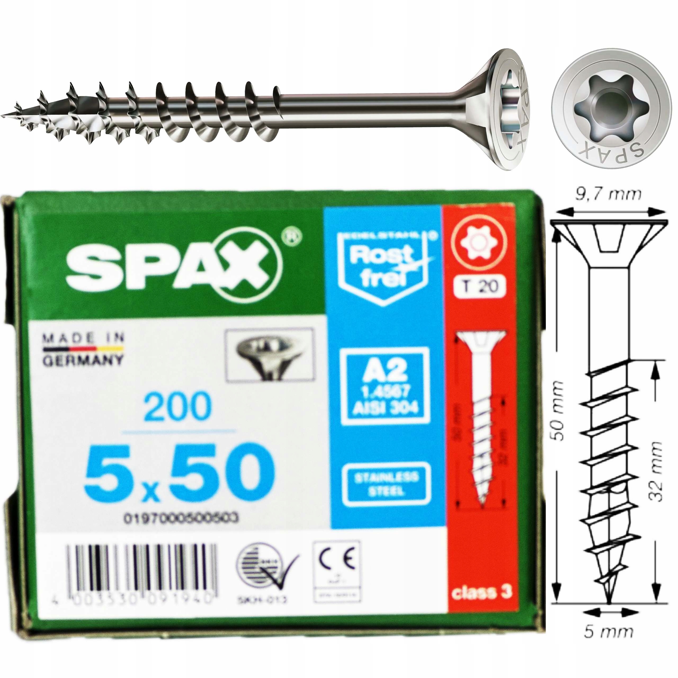 Wkręty Nierdzewne 5x50 mm wkręty do drewna 200szt Stal Szlachetna A2 Spax