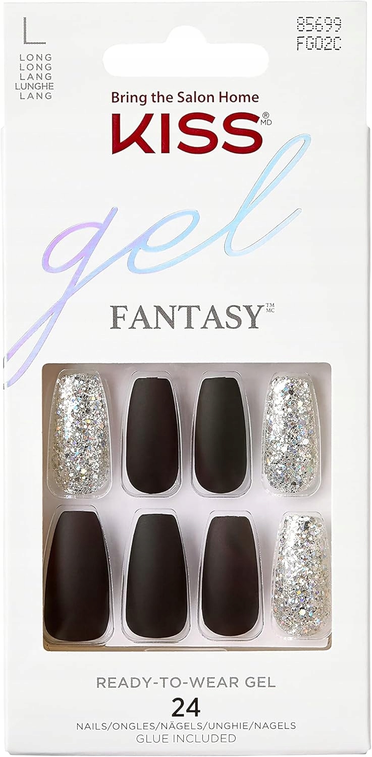 Kiss Voguish Fantasy Nails černo-stříbrný tvar coffin lesklý L