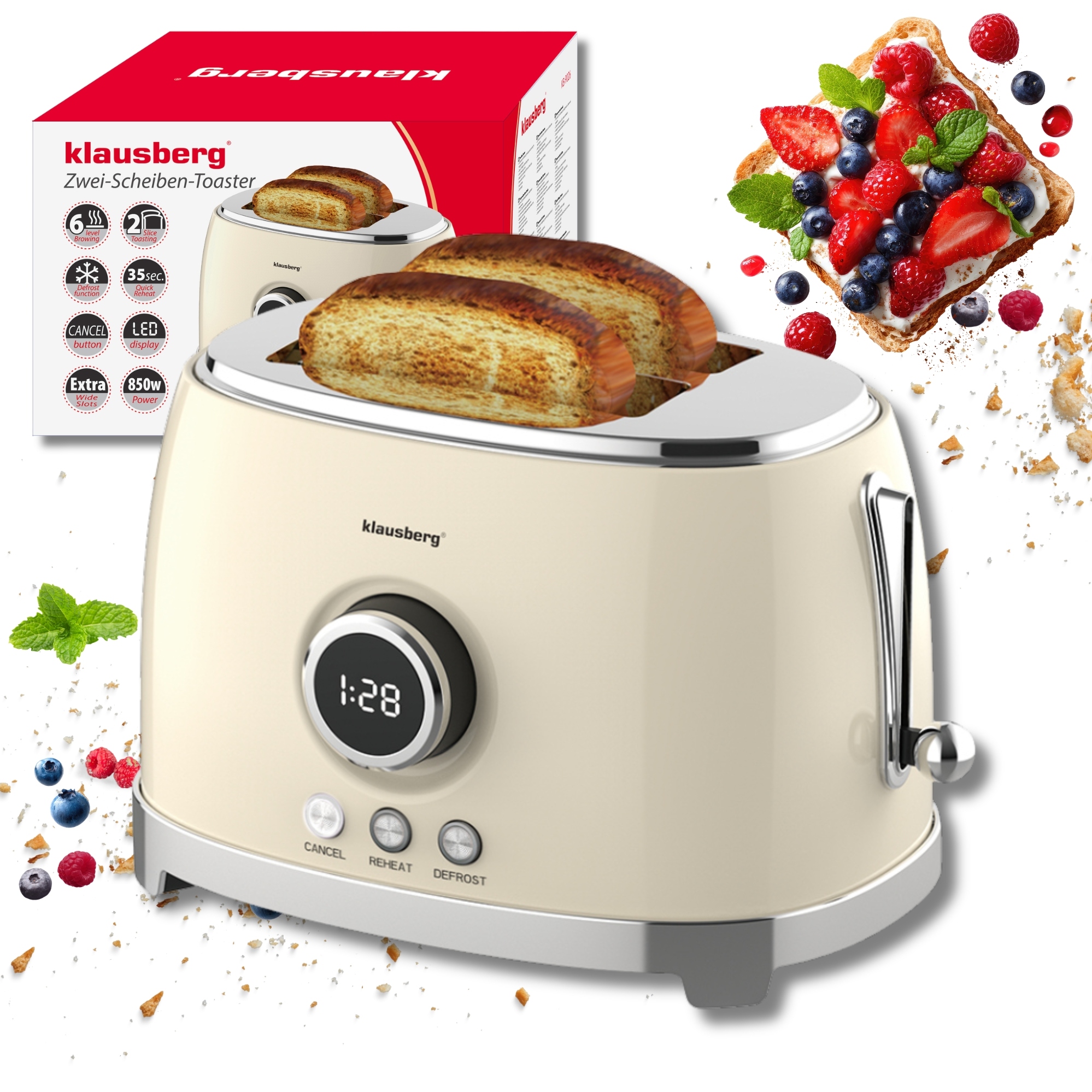 Toustovač na 2 plátky Led 850W rozmrazování Topinkovač Klausberg KB-9026