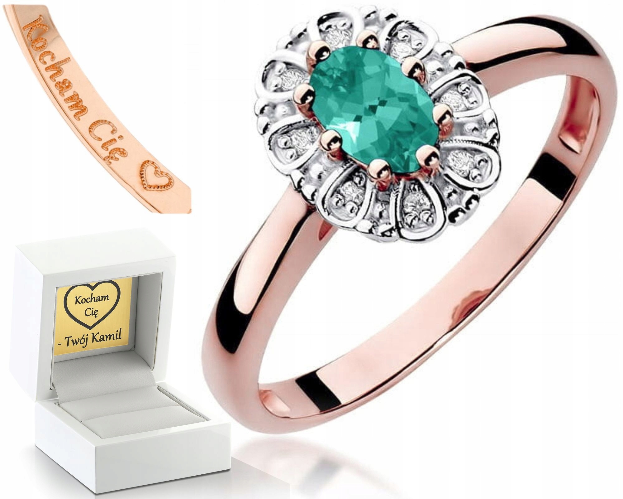 Zlatý Prstýnek Se Smaragdem A Diamanty Růžové Zlato Gravírování 585 Dárek