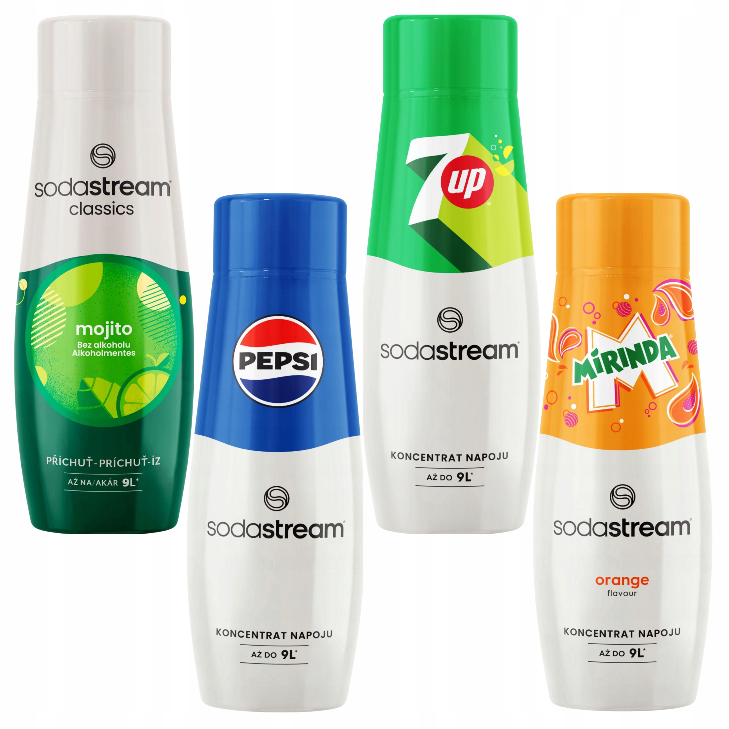 Sada 4 sirupů Sodastream Mirinda Pepsi Mojito 7UP pro saturátor